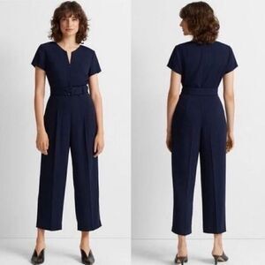 Club Monaco Hidden Zip Jumpsuit Belted V-Neck Pleated Cropped Navy Women Size 0